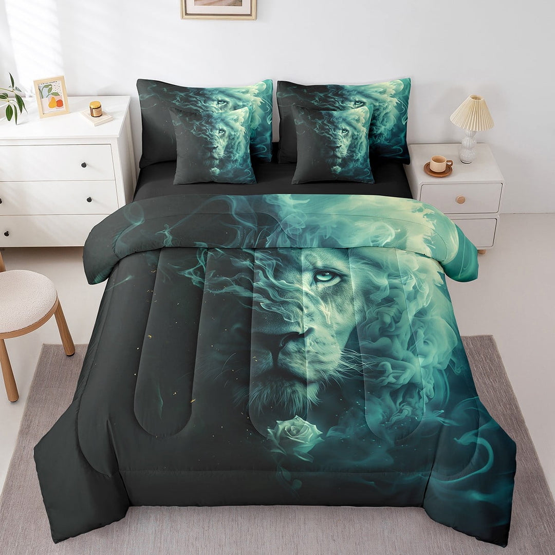 Misty Lion Bed in a Bag Queen Comforter Set 7 Piece,Green Fog Bedding Sets Safari Animals Sheet Set With Comforter,Animal Big Cat Boho Bed Set