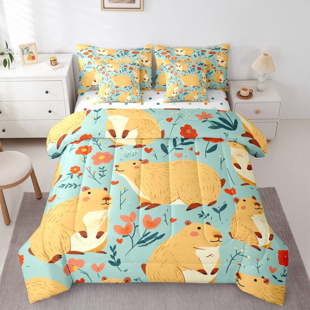 Erosebridal Kawaii Capybara Twin Bedding Sets 7-Piece For Kids,Cartoon Flowers Animal Bedding Comforter Set For Boys Girls,Lightweight Room Decor
