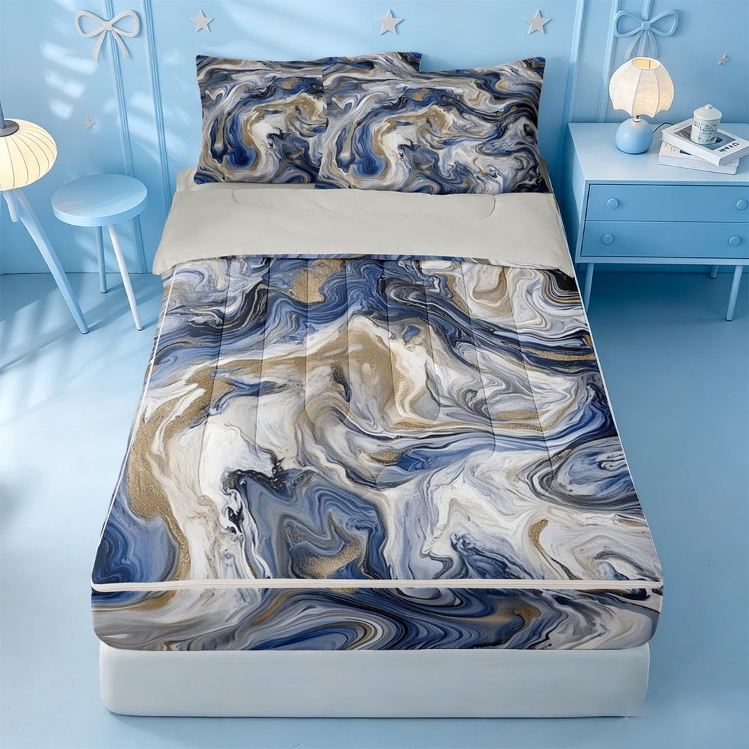 meiyoeat Blue Gold Marble Zipper Full Size Comforter Sets with Fitted Sheet and 2 Pillowcases For Kids,Fluid Swirl Design Zipper Bedding Set For Adults,Light Gray Reversible,4-Piece
