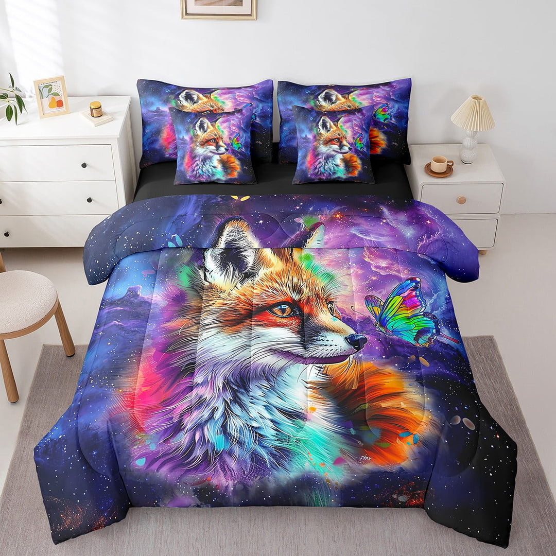7pcs Fox Print Bedding Full Woodland Wildlife Comforter Set, Cartoon Animal Bedding Comforter Sets Mystic Galaxy Nebula Bed in a Bag, Rainbow Butterfly Bedding Accessories