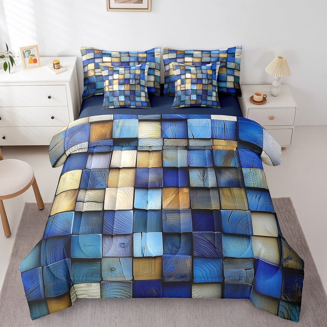 Erosebridal Navy Blue Grid Buffalo Bedding Sets Twin Size, Geometry Brown Plaid Checkered Comforter Sets with Sheets, Reversible 7-Piece