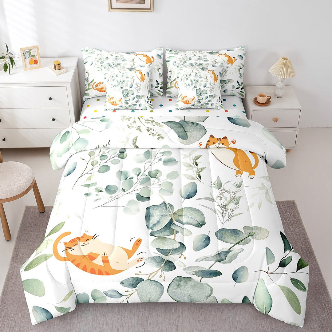 Cute Animal Bedding Comforter Sets 7pcs Cartoon Cat Bed in a Bag, Spring Eucalyptus Twin Bedding Sets Watercolor Leaves Comforter Set, Kawaii Kitten Bedding Sets