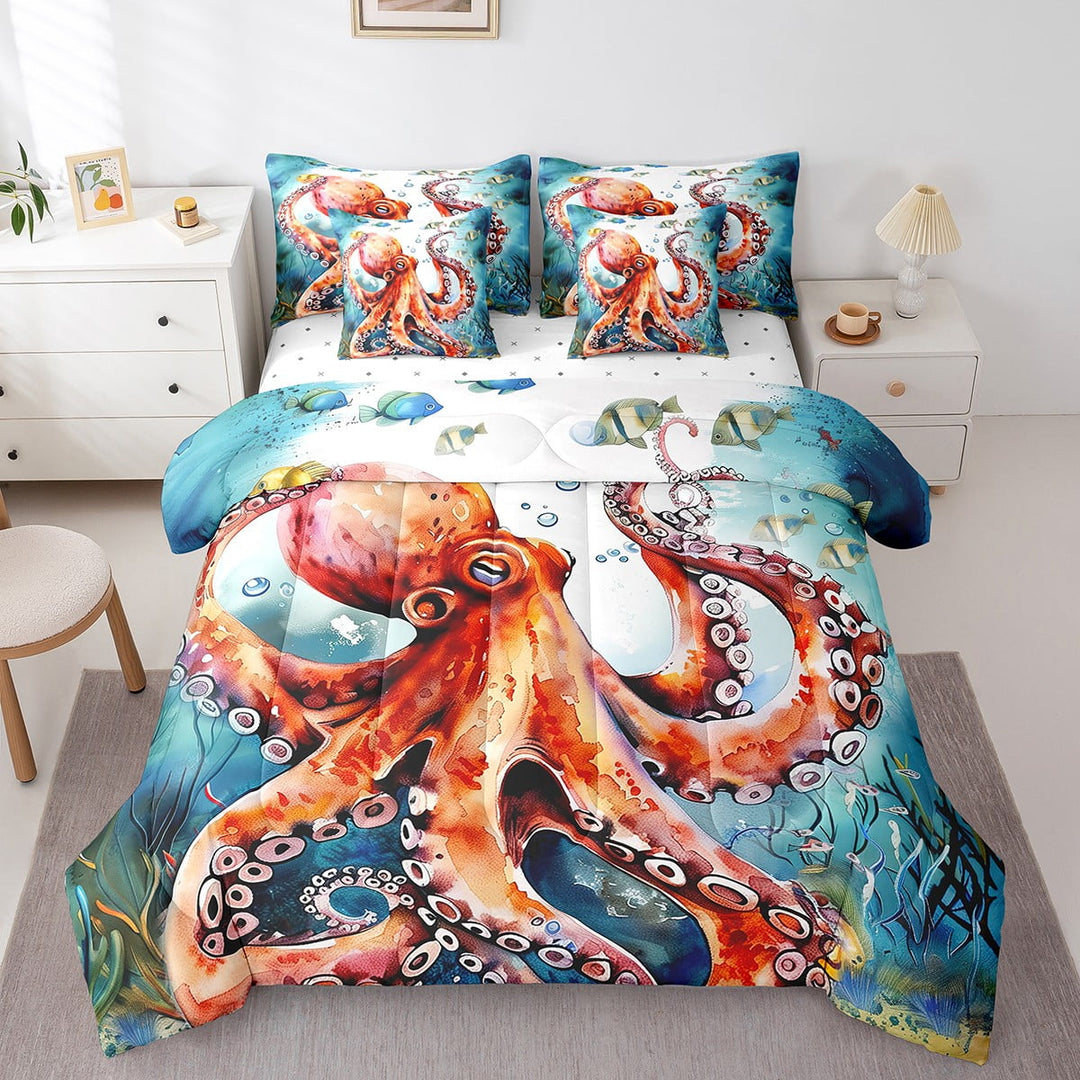 Erosebridal Watercolor Octopus Bedding Twin Size 7Pcs Cartoon Sealife Comforter Set,Sea Animal Bed In A Bag Green Seaweed Comforter Set With Sheets Ocean Theme Bedroom Decor,Breathable