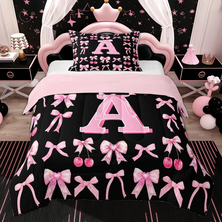 Erosebridal Black Pink A Letter Twin Comforter Sets, Kawaii Bowknot Cherry Bedding Set, 2 Pieces