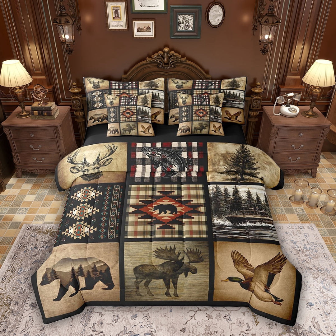 Erosebridal Rustic Lodge Cabin Bedding Comforter Set, Hunting Mallard Duck Deer Bear Full Bedding Set, Black Reversible, 7pcs