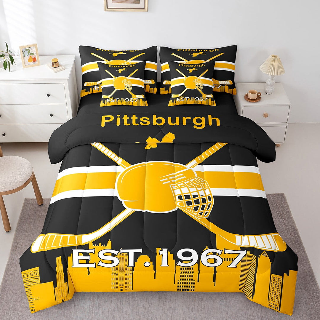 Ice Hockey Comforter Set Twin Size 7 Piece Bed in A Bag Hockey Bedding Set Teens Super Soft All Season for Bedroom,Winter Sports Reversible Bed Sets,Pittsburgh