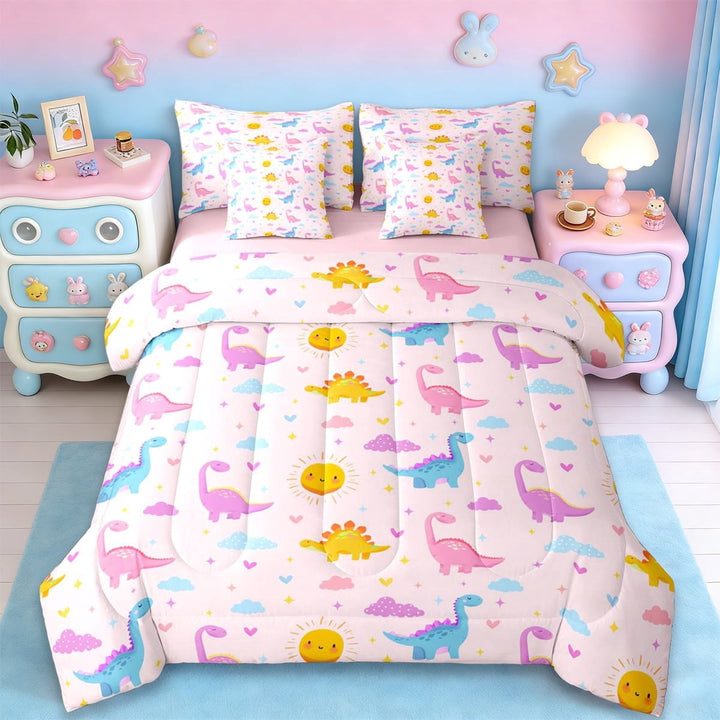 Erosebridal Girls Dinosaur 7-Piece Twin Bedding Sets,Kids Teens Ancient Animal Bedding Comforter Set,Colorful Pink,Reversible