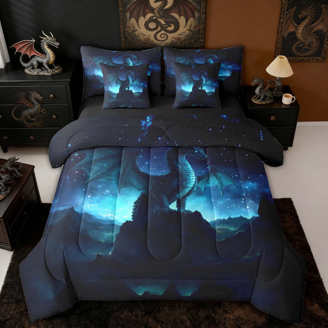 Erosebridal Celestial Starry Dragon Bedding Comforter Set for Boys and Girls, Teal Blue Fantasy Full Bedding Set, Black Reversible, 7 Pieces