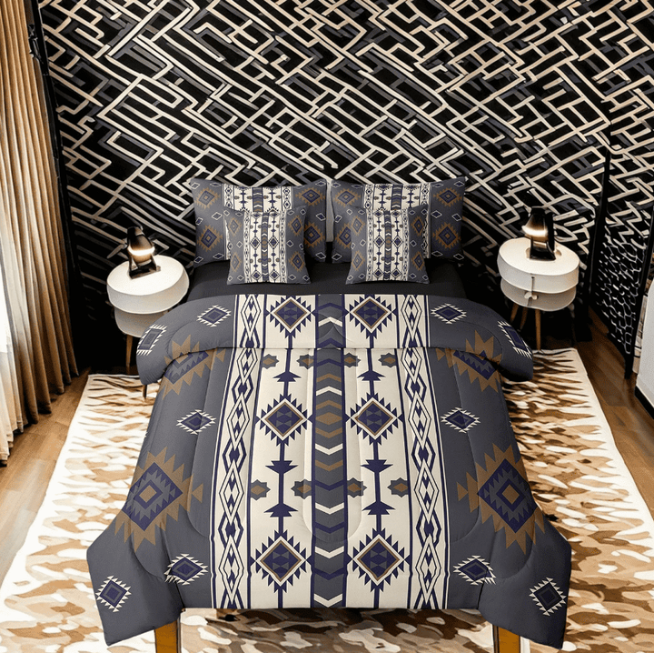 Aztec Geometric Queen Comforter Set With Sheets Vintage Western Boho Bedding Set 7 Piece Southwestern Tribal Bed In A Bag Adults Men American Bed Set Black Brown