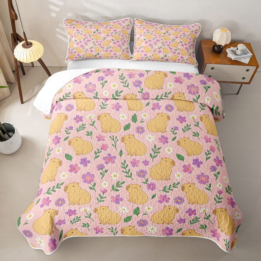 Erosebridal Lovely Capybara Twin Quilt Set,Cute Rodent Animals Purple Daisy Floral Twin Coverlet Set For Kids Teens,2-Piece
