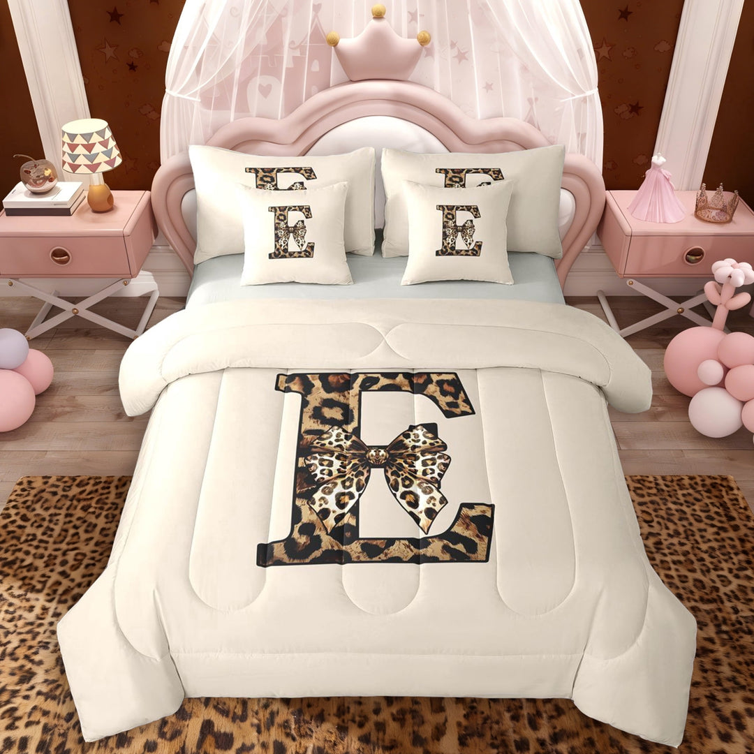Erosebridal 7-Piece E Letter Monogrammed Twin Bedding Set For Teens Adults, Grey Reversible Vintage Cheetah Print Bow Bedding Comforter Set