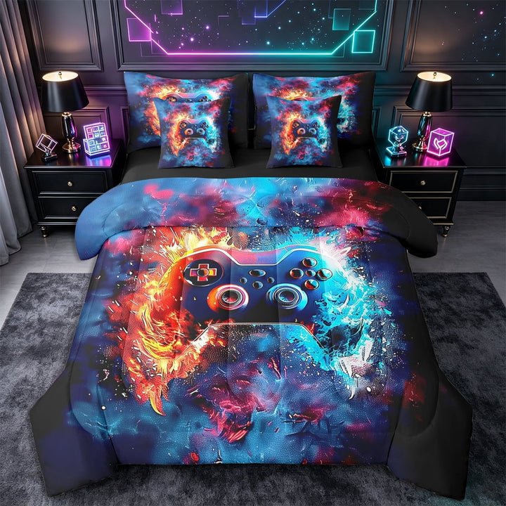 Erosebridal Boys 7 Pcs Game Console Bed In A Bag Twin,Water and Fire Lightning Bedding Sets,Teen Blue Gamepad Comforter Set with Sheets,Cool Video Gaming Bed Set Twin Geometric Stripes Sheet Set