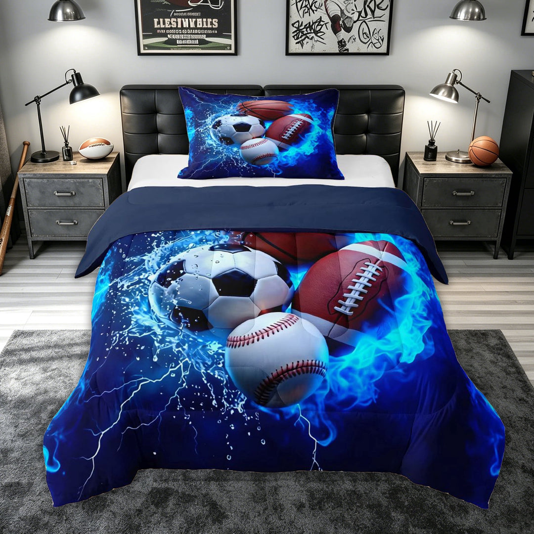 meiyoeat Blue Fire Sports Full Size Comforter Sets for Kids Kids Boys, Ice Lightning Bedding Comforter Set for Bedroom, Blue Reversible, 3-Piece