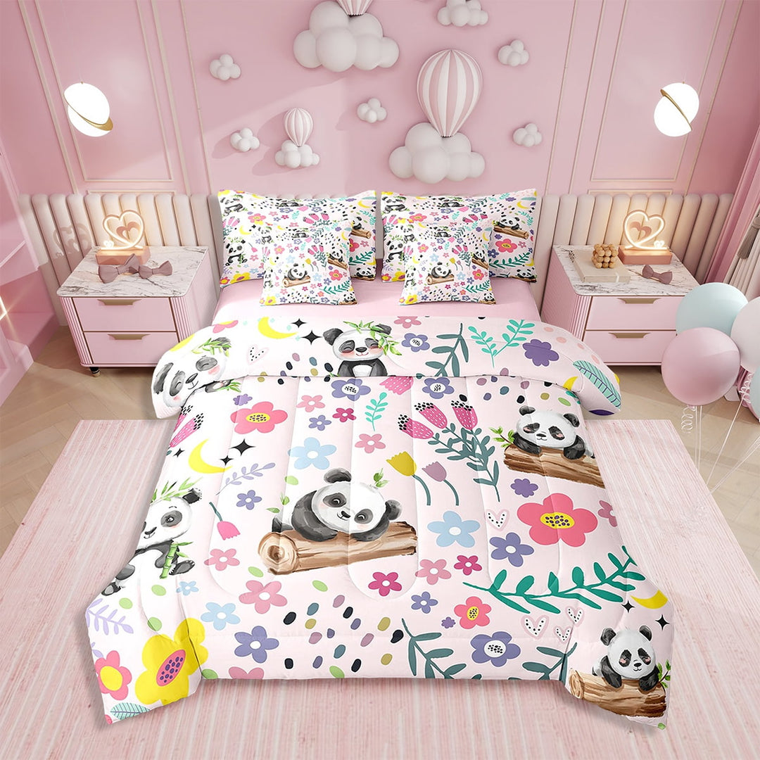 Erosebridal Floral Panda 7Pcs Bedding Sets Cartoon Panda Comforter Bed in a Bag Jungle Flower Animal Leaves Printed Quilt with Flat Fitted Sheet,for Teen,Twin 7Pcs