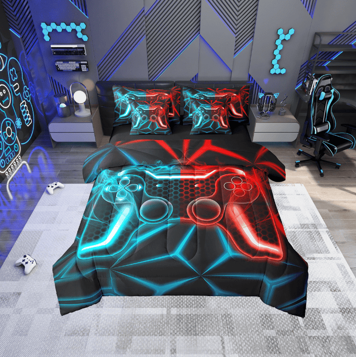 Erosebridal Video Game Bedding Sets Twin Size,Blue Red Neon Comforter Sets with Sheets,Geometric Honeycomb Bed in a Bag Twin size,Lightweight Gamepads Bedroom Decorative,Reversible,7pcs