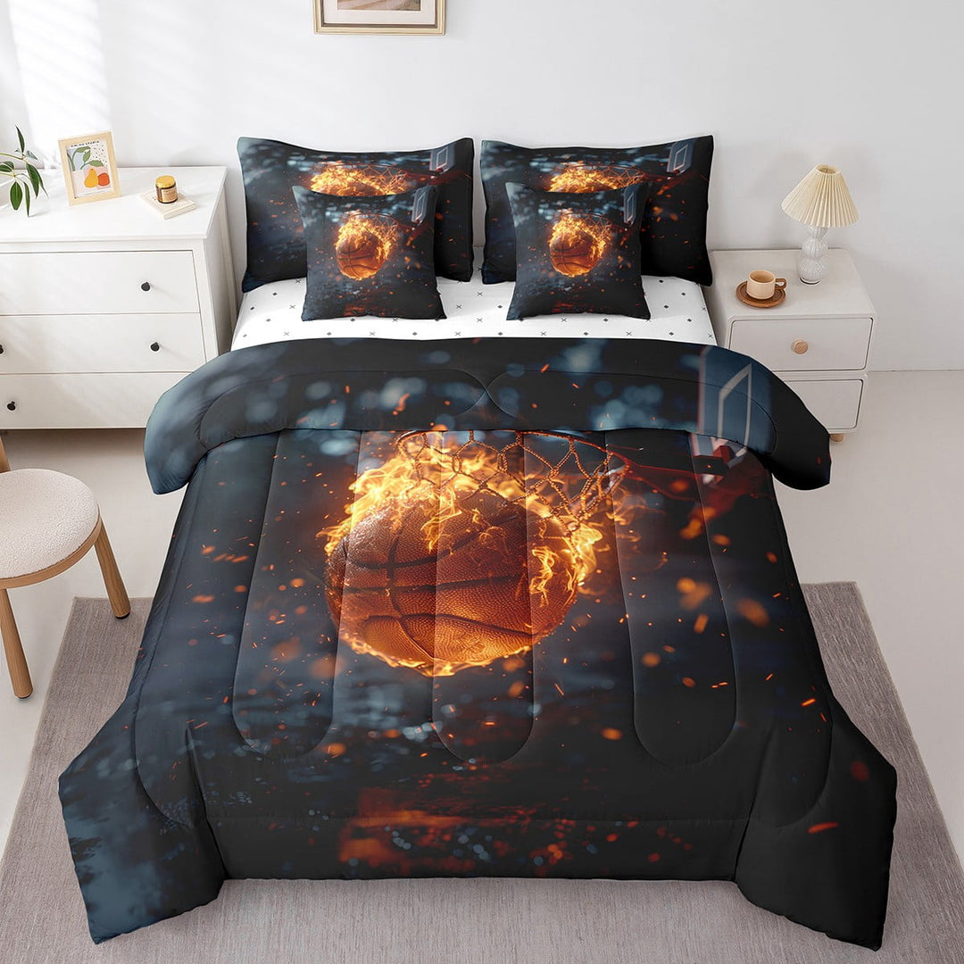 Erosebridal 7 Piece 3D Basketball Twin Comforter Set Sports Ball Games Bedding Sets Room Decor,Basketball Fire Bed in a Bag with Fitted Sheet,Flat Sheet,Pillowcases &amp; Shams