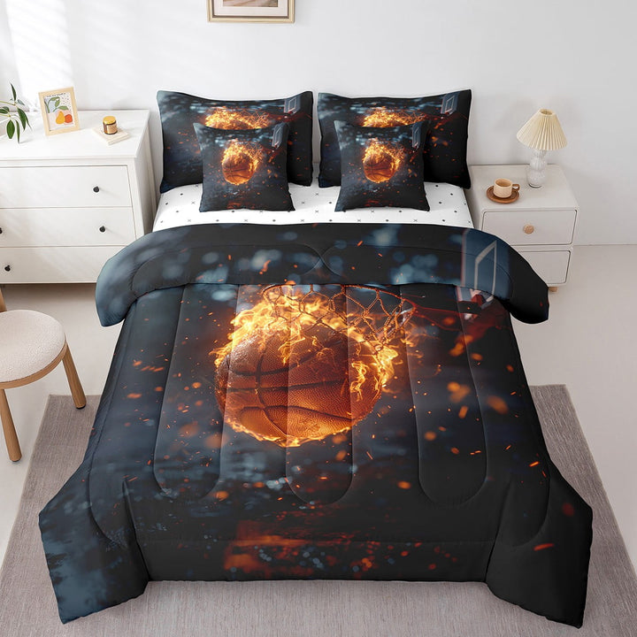 Erosebridal 7 Piece 3D Basketball Twin Comforter Set Sports Ball Games Bedding Sets Room Decor,Basketball Fire Bed in a Bag with Fitted Sheet,Flat Sheet,Pillowcases &amp; Shams