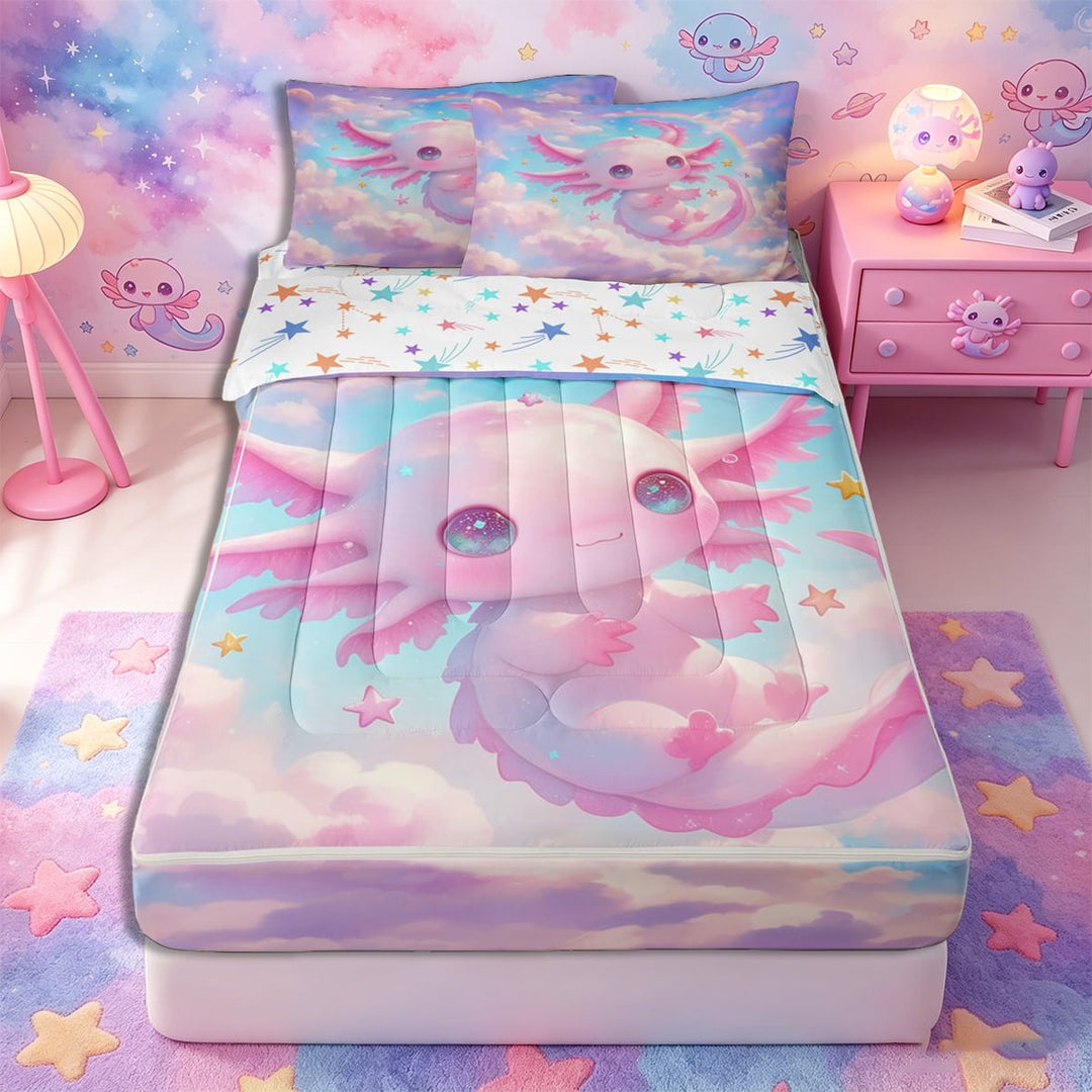 Meiyoeat Pink Cartoon Axolotl Zipper Full Size Comforter Sets with Fitted Sheet and 2 Pillowcases, Dreamy Star Cloud Pattern Zipper Bedding Set,4pcs