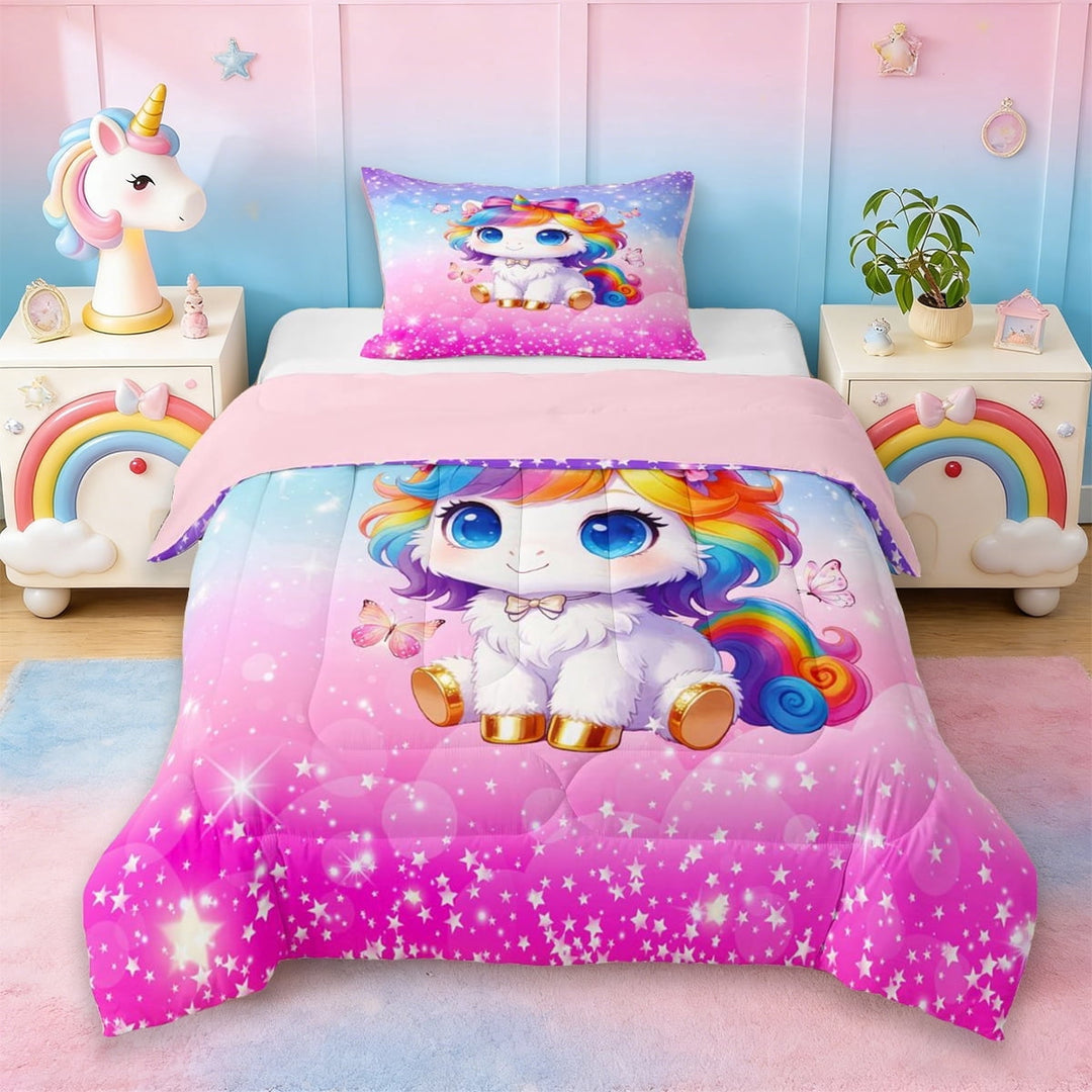 Erosebridal Cute Unicorn Girls Twin Comforter Sets,Pink Butterflies Kawaii Stars Print Bedding Set For Kids,Reversible Pink 2 Pieces