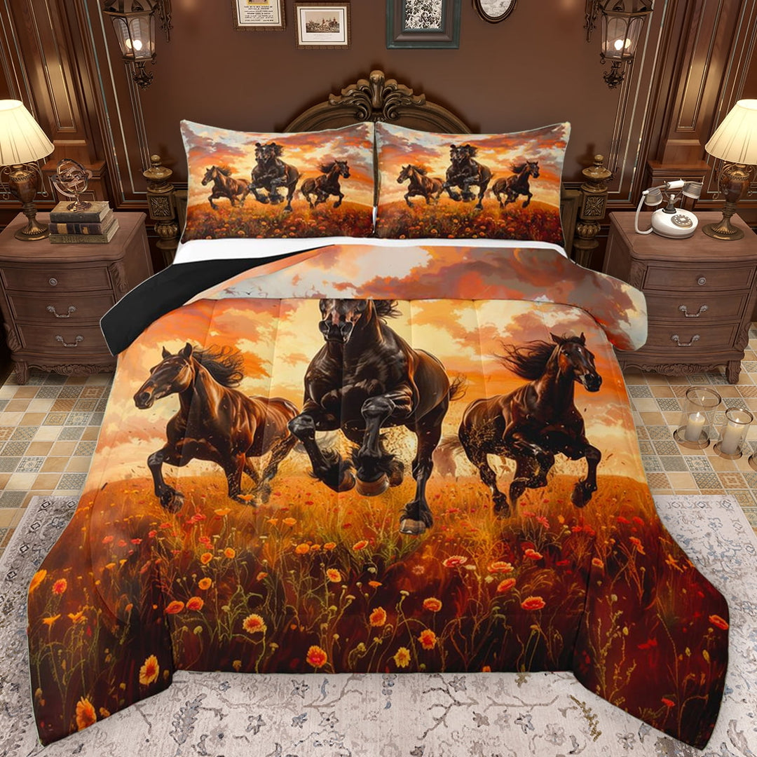 Manfei 3D Western Horse Bedding Comforter Set, Orange Rustic Flower Floral Twin Comforter Sets, Teesn Adult Men Women Reversible Bedding Set, Breathable Home Decor, 2-Piece