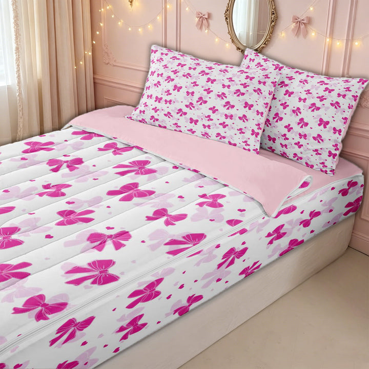 meiyoeat Kawaii Princess Bow Zipper Full Size Comforter Sets with Fitted Sheet and 2 Pillowcases for Kids Girls, Hot Pink Love Hearts Zipper Bedding Set for Bedroom, Pink ReversibleG