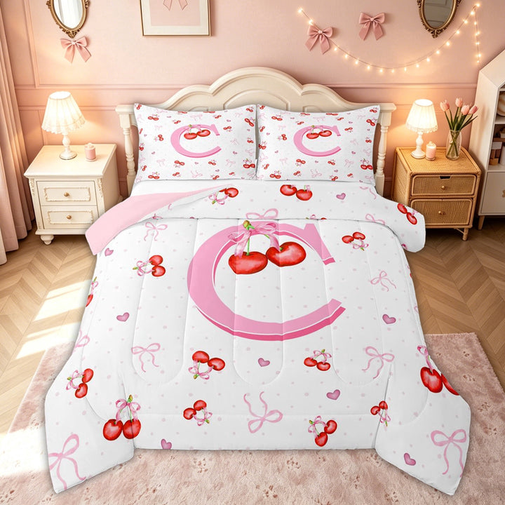 meiyoeat Cute Cherry Letter C Full Size Comforter Sets for Girls, Bowknot Fruit Bedding Comforter Set, Pink, Pink Reversible 3-Piece, 1 Comforter and 2 Pillowcases