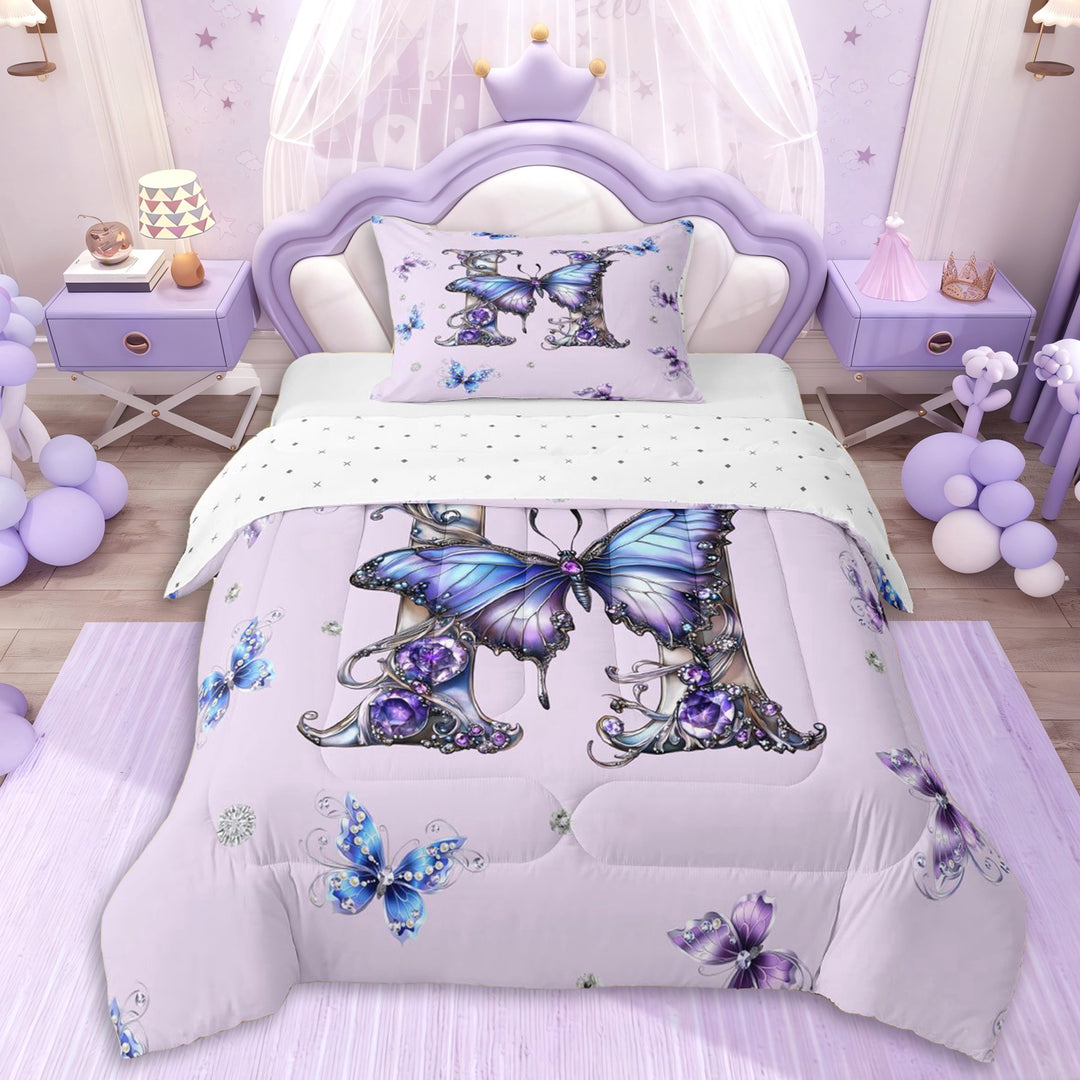 Erosebridal Purple Crystal Letter Monogrammed H Twin Comforter Sets 3-Piece For Teens,Girls Flying Butterflies Bedding Set,Super Cozy Room Decor