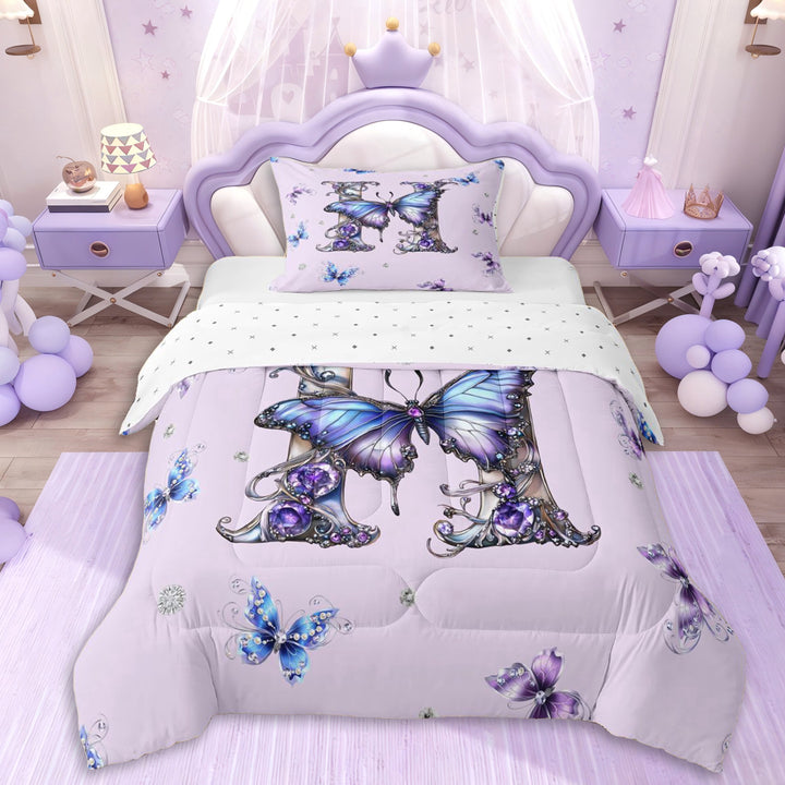 Erosebridal Purple Crystal Letter Monogrammed H Twin Comforter Sets 3-Piece For Teens,Girls Flying Butterflies Bedding Set,Super Cozy Room Decor