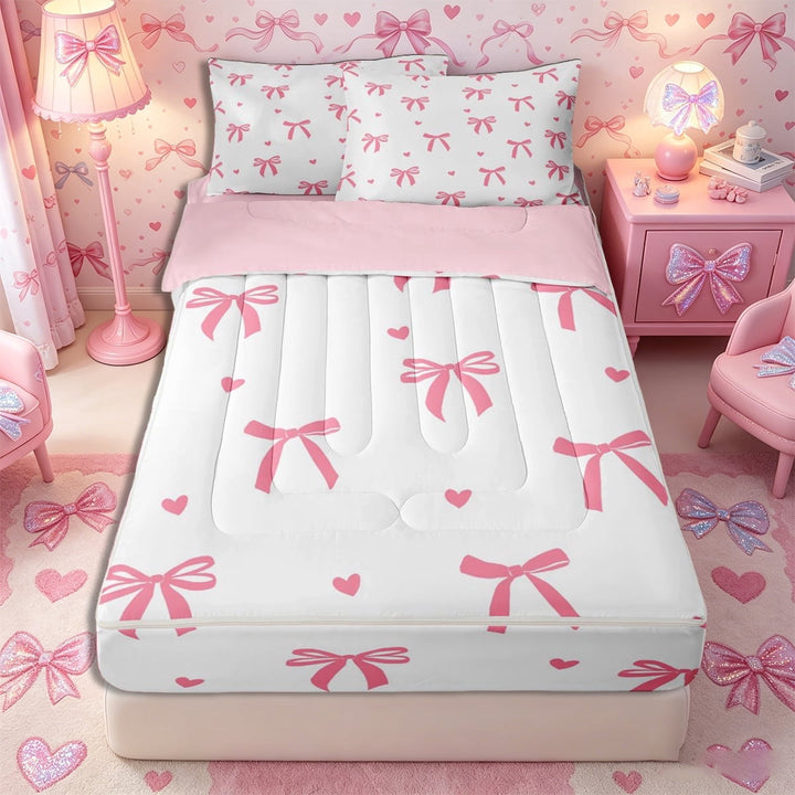 Meiyoeat Simple Pink Bow Zipper Twin Comforter Sets with Fitted Sheet and 2 Pillowcases, Love Heart Print Zipper Bedding Set,4-Piece,Pink Reversible