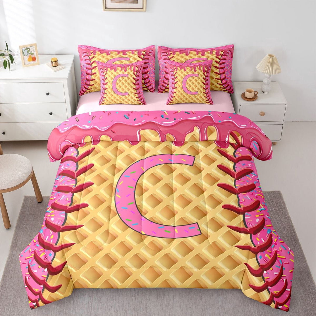 Erosebridal Cartoon Monogrammed C Kid Twin Bedding Sets, Baseball Ice Cream Bedding Comforter Set, Pink Reversible, 7-Piece