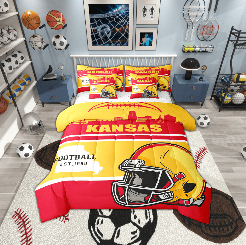 Erosebridal Football Kansas Bedding, Soccer Sport Bed in a Bag, Yellow Purple Bed Set, Breathable Bedroom Decoration, 7pcs