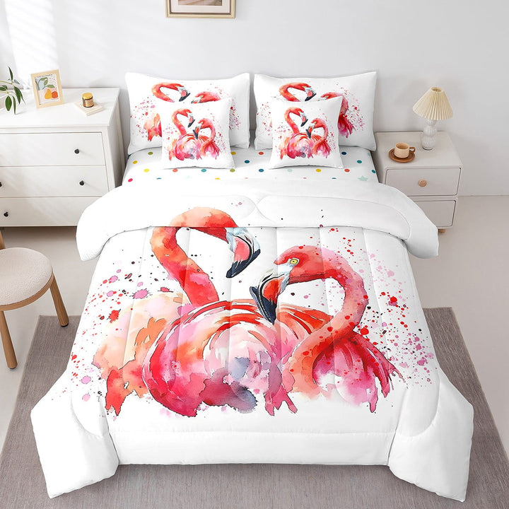 Watercolor Flamingo Bedding Comforter Sets 7 Piece Pink White Bed in a Bag Women, Tropical Jungle Animal Full Bedding Sets Graffiti Splatters Comforter Set, Chic Wildlife Print Bedding Sets