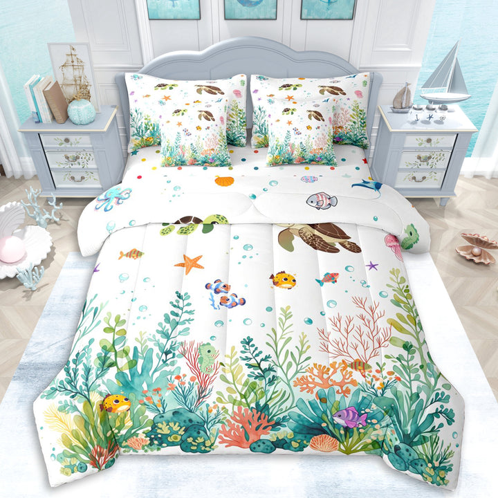 Erosebridal Ocean Turtles Twin Bedding Sets 7-Piece For Kids,Cartoon Marine Animal Bedding Comforter Set For Boys Girls,Microfiber Bedroom Decor