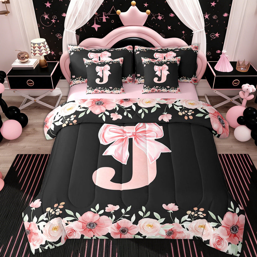 Erosebridal Cute Bowknot Floral Twin Bedding Sets 7-Piece, Black Pink Initial J Bedding Comforter Set