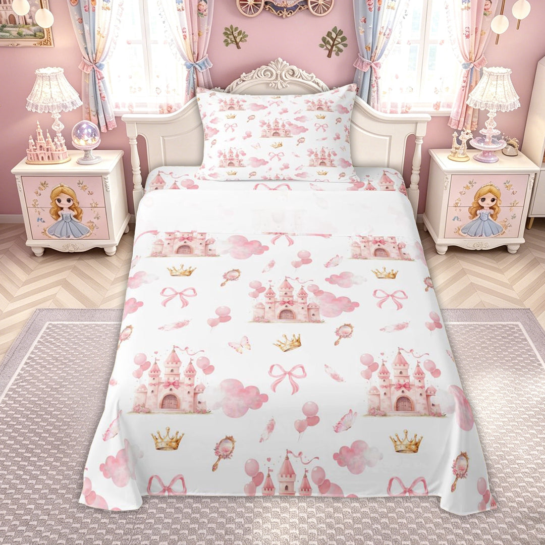 meiyoeat Watercolor Dreamy Castle Bed Sheets for Kids Girls, Princess Fairy Style Full Size Sheets, Pink White, 4 Pieces