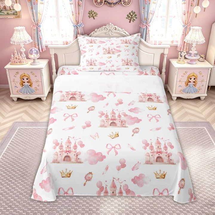 meiyoeat Watercolor Dreamy Castle Bed Sheets for Kids Girls, Princess Fairy Style Full Size Sheets, Pink White, 4 Pieces