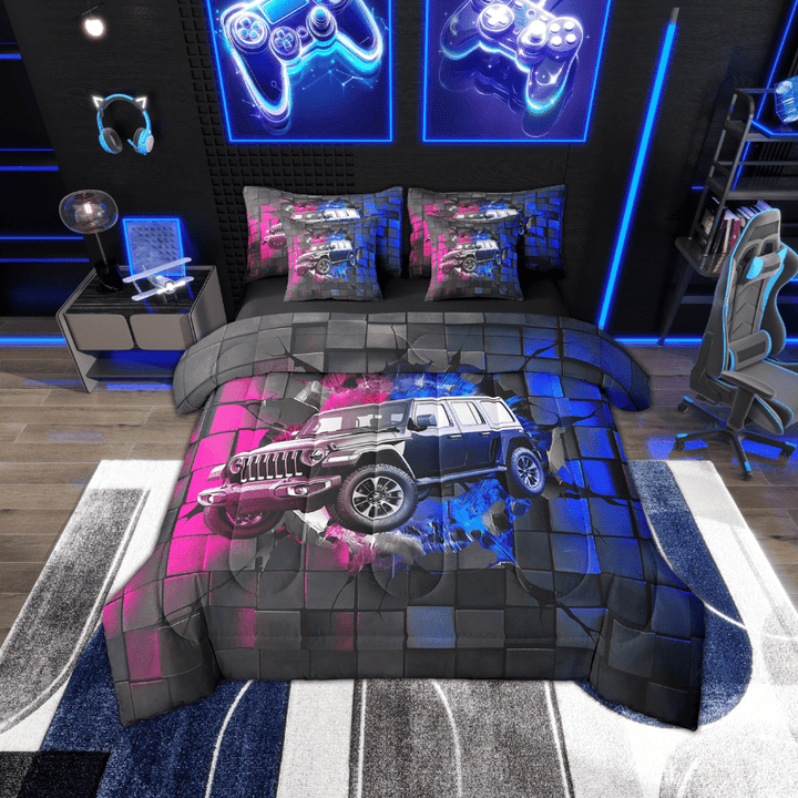 Erosebridal Black Sport Car Bedding Sets Twin Size,Geometric Plaid Comforter Sets with Sheets,Extreme Sports Bed in a Bag Twin size,Microfiber Buffalo Room Decor,Reversible,7-Piece