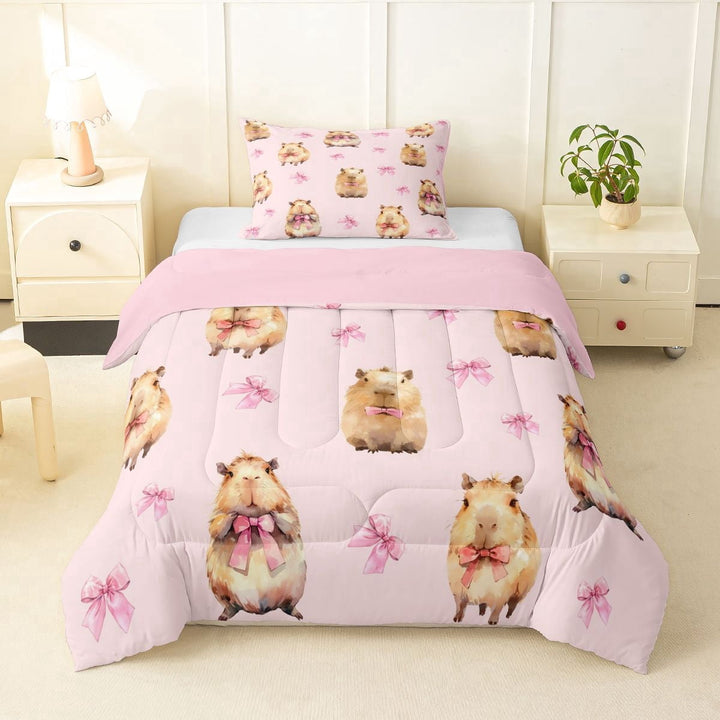 Erosebridal Kids Cute Capybara Twin Comforter Sets 3-Piece,Boys Girls Cartoon Bow Animal Bedding Set,Pink Reversible
