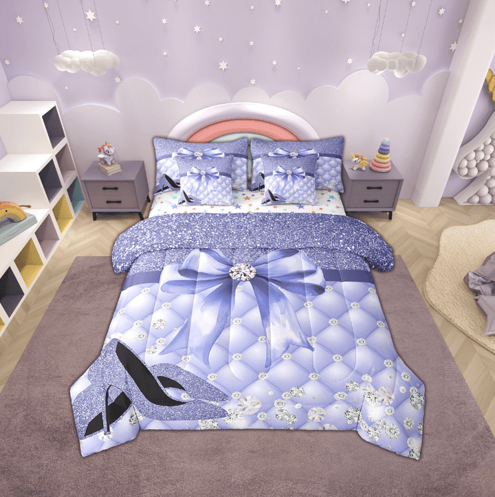 Erosebridal Crystal Bow Bedding Sets Twin Size,Glitter High Heels Comforter Sets with Sheets,Lightweight Reversible Bed in a Bag Twin size,Geometric Plaid Decor,7pcs