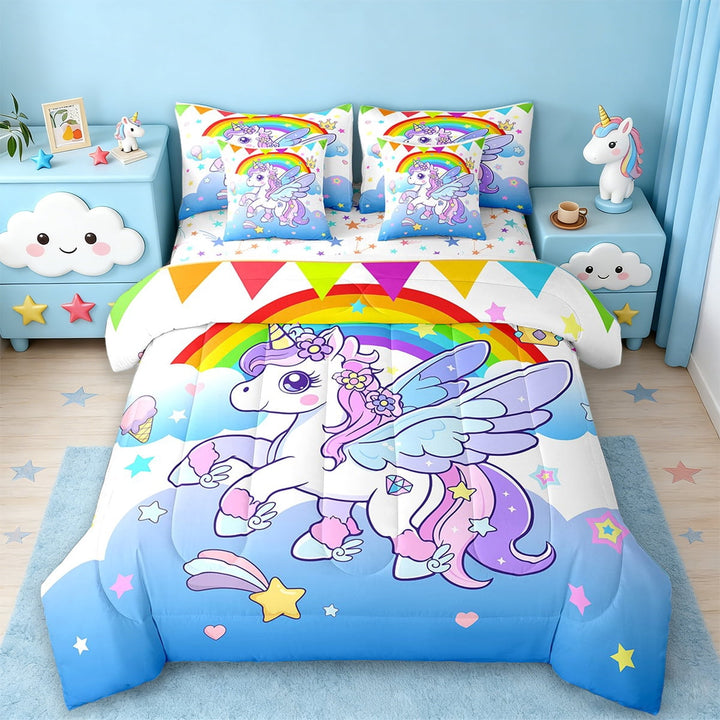 Erosebridal Cute Unicorn Bed in a Bag Twin Size,Rainbow Galaxy Starry Bed Set,Purple Blue Bedding Twin Size For Girls,Ultra Soft Bedroom Decorative Reversible,7 Pieces