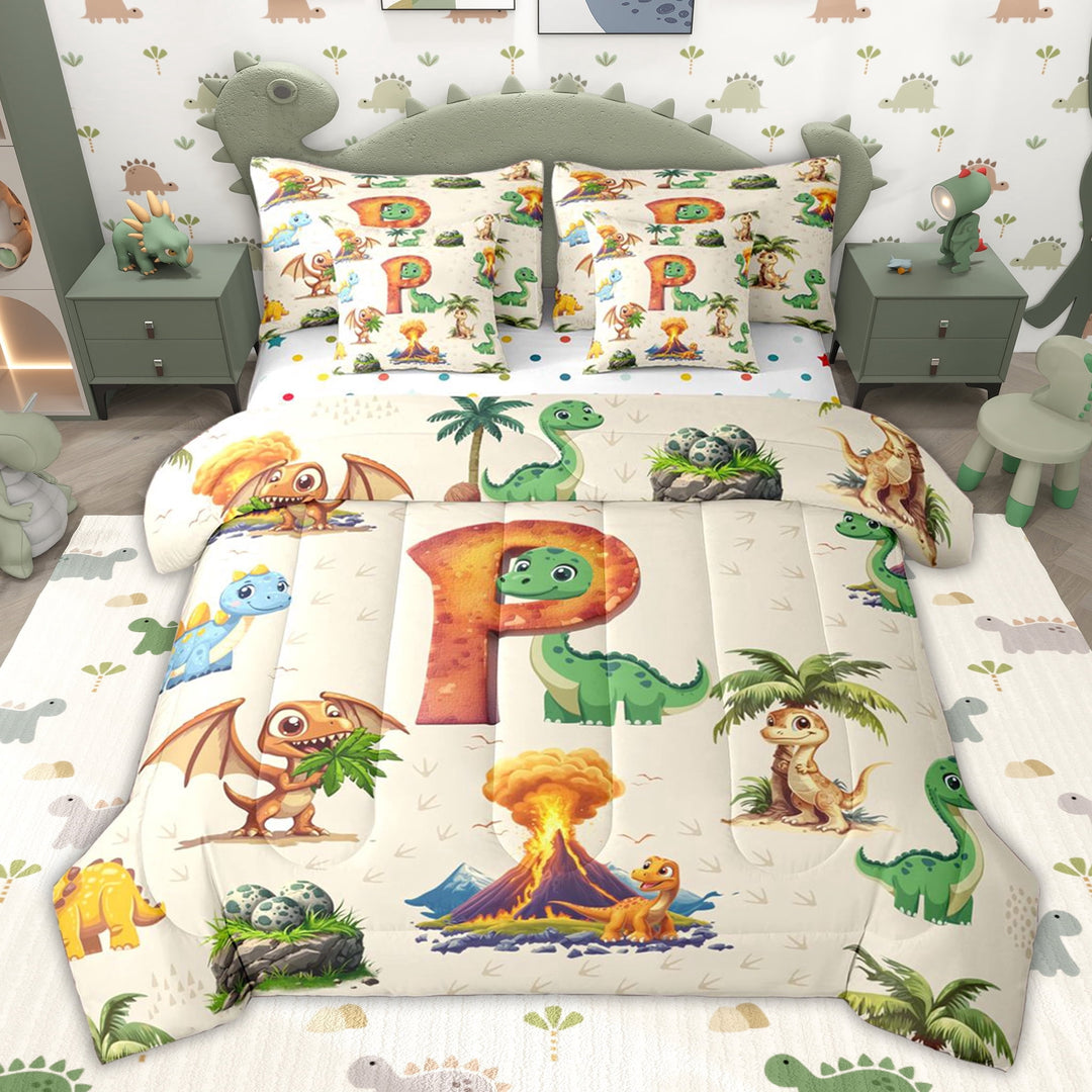 Erosebridal Cartoon Green Dinosaur Twin Bedding Sets for Kids, Cartoon P Letter Bedding Comforter Set, Polka Dots Reversible, 7 Pieces