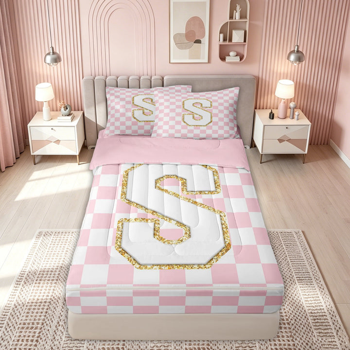 meiyoeat Glitter Print Letter S Zipper Full Size Comforter Sets with Fitted Sheet and 2 Pillowcases for Girls, Princess Grid Plaid Zipper Bedding Set for Bedroom, Pink, Pink Reversible, 4pcs