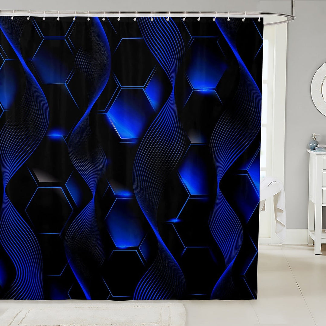 Royal Blue Honeycomb Bathroom Shower Curtain Sets,Geometric Striped Hexagonal Shower Curtain Neon Lights Gradient Bath Curtain,Hexagon Ombre Fabric Shower Curtain with Hooks 72"Wx72"L