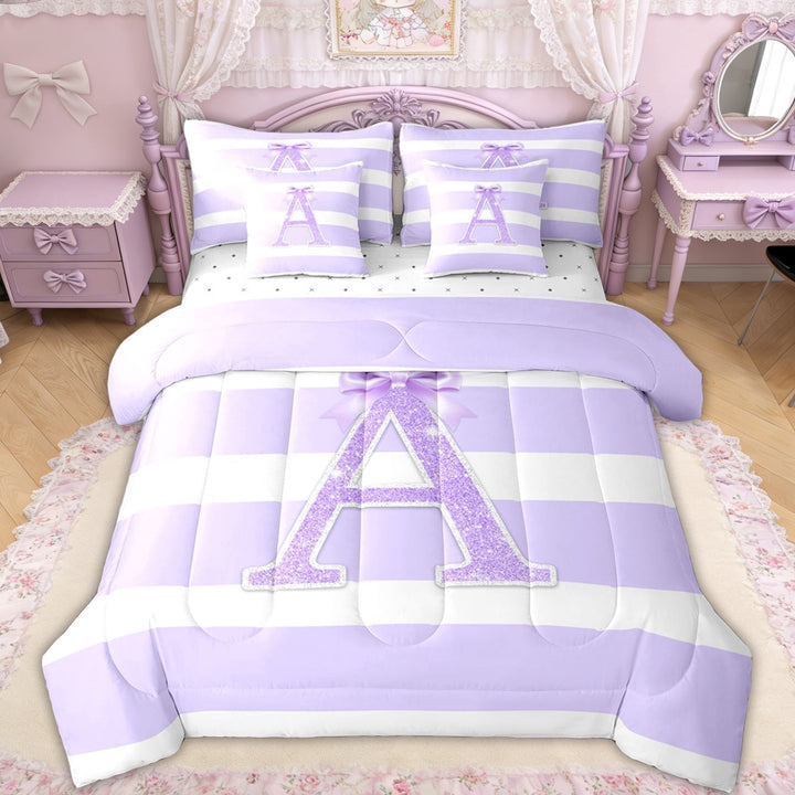 Erosebridal Glitter Print Bow Letter A Twin Bedding Sets for Girls, Purple Stripes Ribbon Bedding Comforter Set, Reversible, 7-Piece