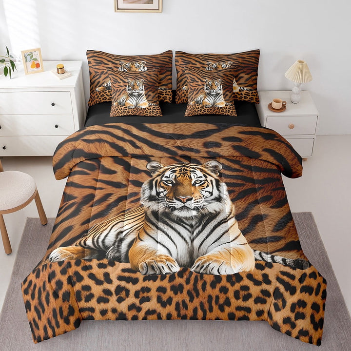 7 Piece Tiger Bed In A Bag Queen,Tiger Leopard Print Comforter Set,Safair Animal Bedding Set,Wildlife Quilt with Flat Fitted Sheet,Black Brown Pillow Covers