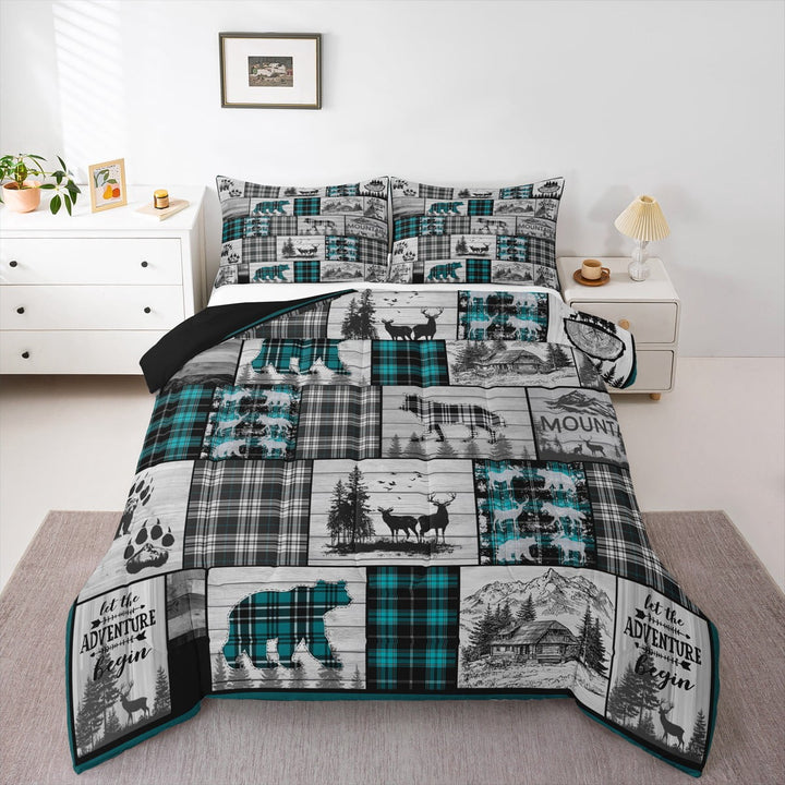 Rustic Farmhouse Bedding Sets Hunting Wolf Bear Deer Bed Comforter Set King,Black Teal Grey Buffalo Plaid Cabin Comforter Set For Camping Woodland Wildlife Bed Set Adults