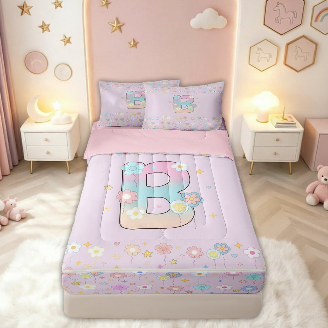 meiyoeat Floral Flower B Initial Rainbow Zipper Comforter Set with Fitted Sheet and 2 Pillowcases, Watercolor Galaxy Stars Zipper Bedding Set for Girls, Pink Reversible, 3-Piece