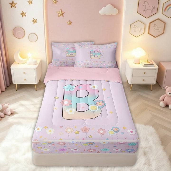 meiyoeat Floral Flower B Initial Rainbow Zipper Comforter Set with Fitted Sheet and 2 Pillowcases, Watercolor Galaxy Stars Zipper Bedding Set for Girls, Pink Reversible, 3-Piece