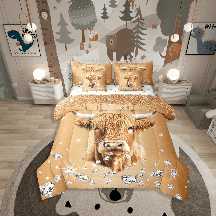 Erosebridal Highland Cow Bedding Sets Twin Size,Bling Crystal Comforter Sets With Sheets,Glitter Bedroom Decor,Reversible,Breathable,7Pcs