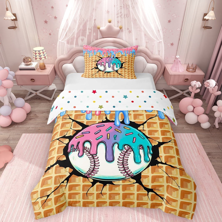 Erosebridal Baseball Sport Twin Bedding for Kids Boys Girls, Ice Cream Drip Waffle Duvet Cover Set, Colorful Polka Dots Reversible, 1 Duvet Cover and 1 Pillowcase (No Comforter)